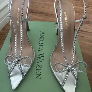 Andrea Wazen Silver Embellished Heels